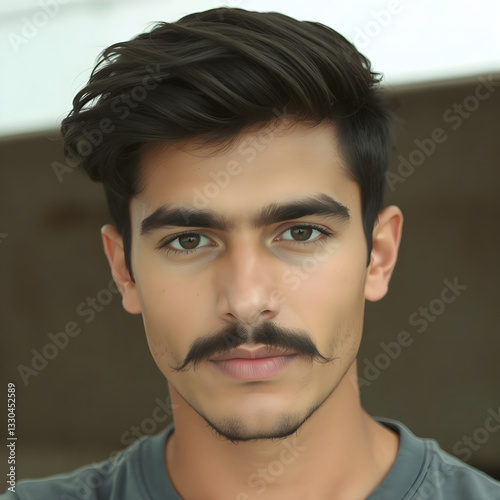 Expresión intrigante y bigote elegante en un joven atractivo