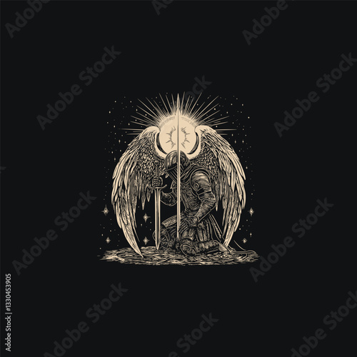 knight kneels before angel design vector template illustration