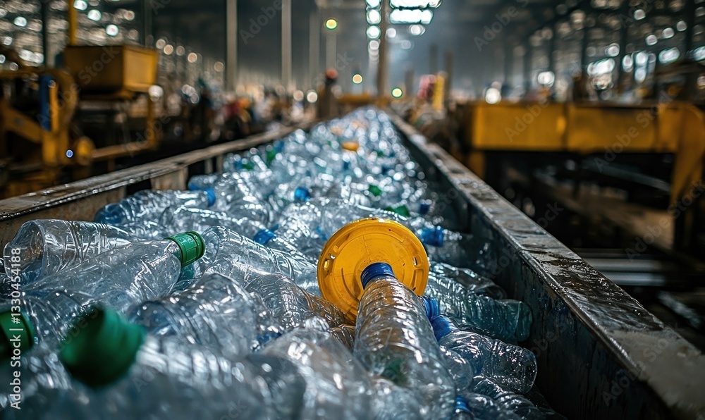Recycling facility processes plastic bottles for reuse in an industrial setting during daylight hours Recycling facility processes plastic bottles for reuse in an industrial setting during daylight hours