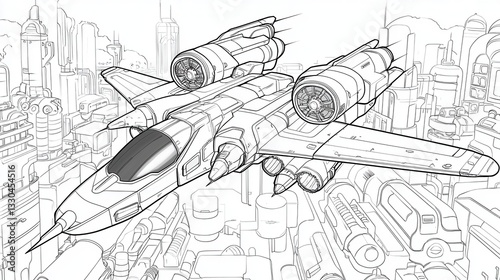 High-Speed Futuristic Jet Flies over a Robotic City - Outlines for Coloring Book or Creative Designs
