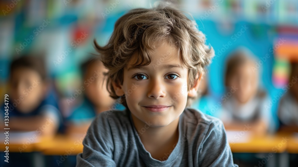 Portrait of a young boy student smiling in a classroom Portrait of a young boy student smiling in a classroom