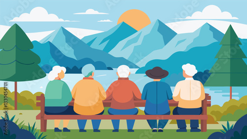 A group of seniors sitting on a bench admiring a scenic mountain view after a long nature walk.. Vector illustration