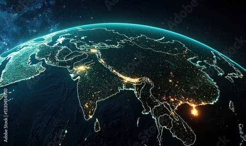View of Planet Earth from Space highlighting People's Republic of China and surrounding regions at night