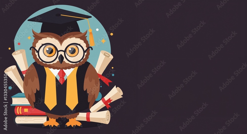 Obraz premium Graduation owl in cap and gown with glasses conveying a fun and celebratory mood surrounded by books and scrolls against a dark background