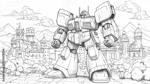 Futuristic Robot Defender Near a Medieval Castle, Coloring Page Style