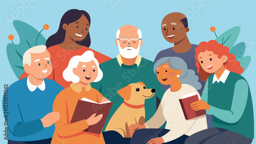 A group of seniors gather around a therapy dog sharing memories and stories of their own beloved pets forming a strong sense of community and empathy.. Vector illustration