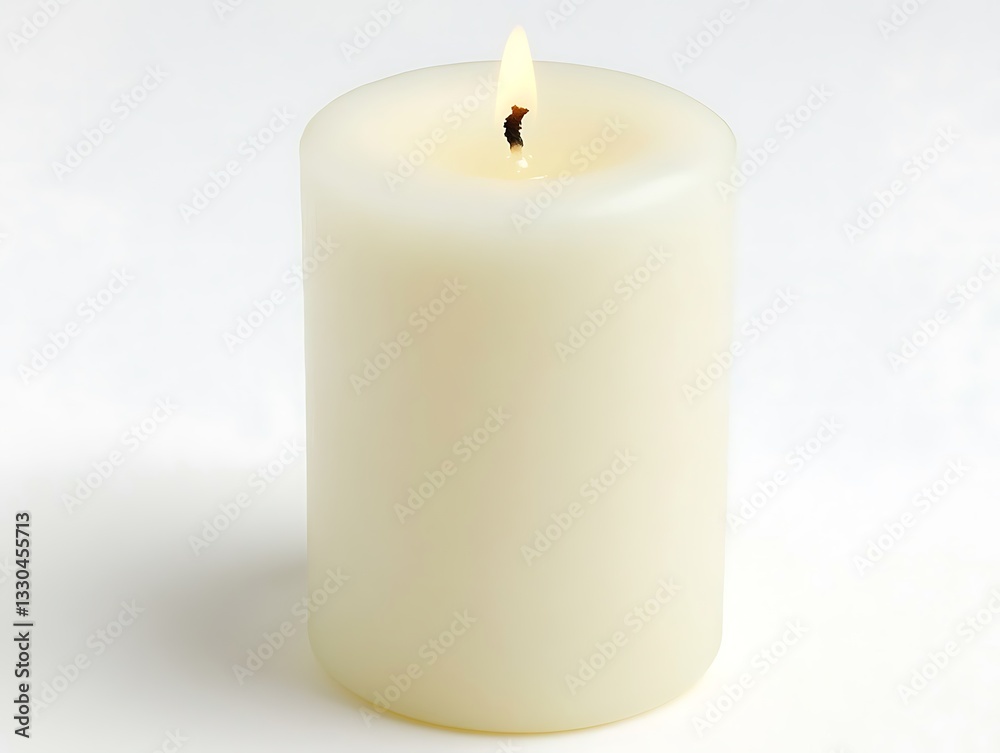 Warm ambiance created by a single illuminated ivory candle on white backdrop Warm ambiance created by a single illuminated ivory candle on white backdrop