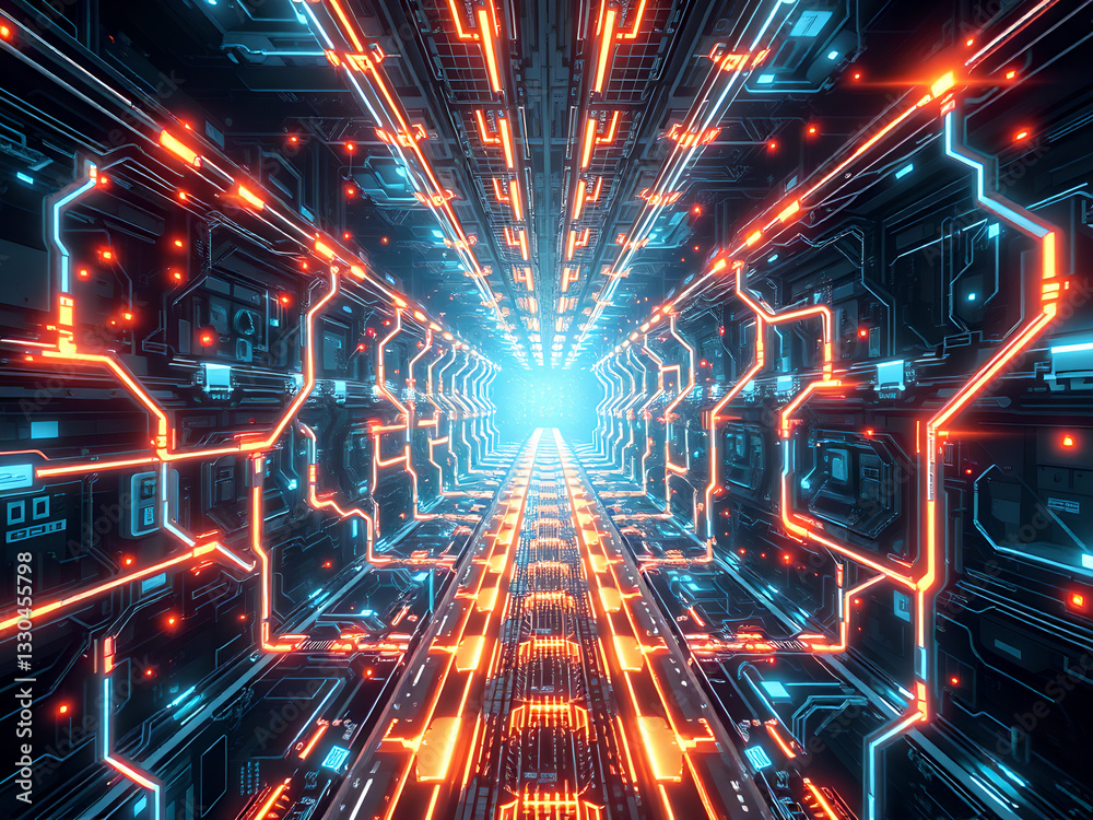 Obraz premium Futuristic Network Design: Glowing Electric Circuitry, Cyberpunk Aesthetics, 3D Hyper-Realistic Texture, Immersive Depth in 8K Resolution