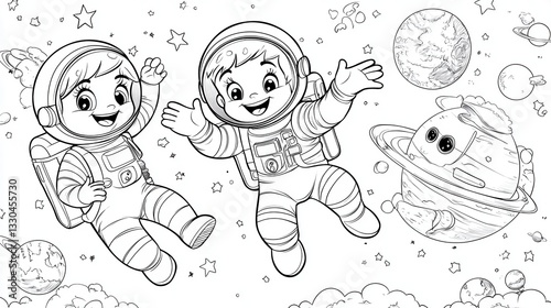 Cartoon Astronauts Explore Space: A Coloring Page Adventure with Planets and Stars