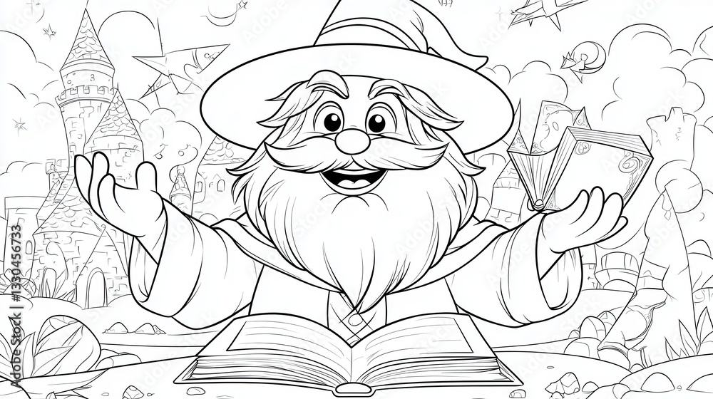 Cartoon Wizard Apprentice with Spellbook in Magical Castle Setting - Black and White Line Art Cartoon Wizard Apprentice with Spellbook in Magical Castle Setting - Black and White Line Art