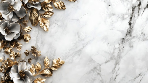 Ultrarealistic marble texture with a golden floral arrangement on the top-left corner, leaving space in the center for design