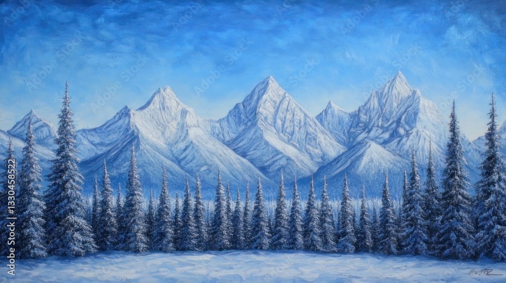 Fototapeta premium Snowy mountain range with pine trees (1)