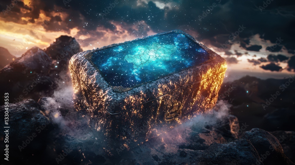Mystical Stone Chest with Glowing Celestial Map Lid Hovering in a Dark Cavern, Fantasy Treasure Mystical Stone Chest with Glowing Celestial Map Lid Hovering in a Dark Cavern, Fantasy Treasure