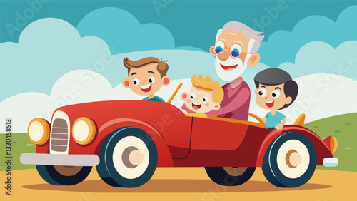 A senior man beams with joy as he takes his grandchildren for a ride in his restored 1950s hot rod passing on his passion for vintage cars to the younger generation.. Vector illustration