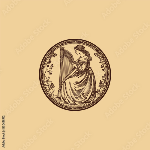 Medieval woman sitting playing harp music instrument design vector template illustration