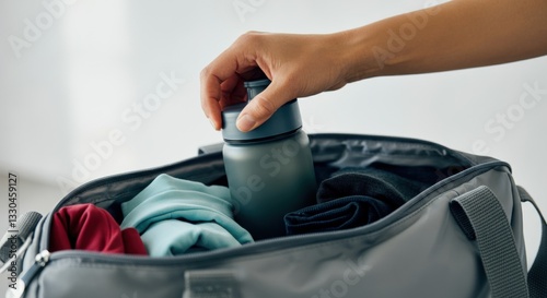 Packing essentials: hand reaching for water bottle in travel duffle bag