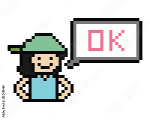 Cute pixel cartoon character woman say chat feedback Ok accept okay decoration 8 bit female lady talk good accept OK okay pixel game png vector.