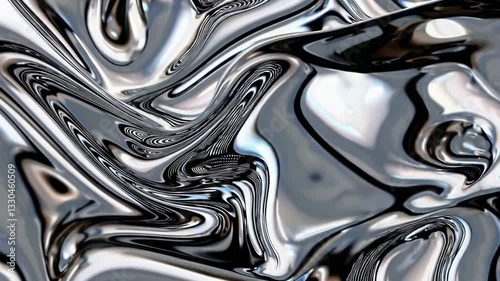 A dynamic liquid metallic silver abstract texture with smooth, reflective swirls and fluid motion creating a mesmerizing visual effect with high contrast and depth