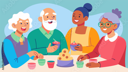 A group of older adults chatting and laughing as they gently mold and shape pieces of clay into colorful and whimsical sculptures during their weekly craft therapy session.. Vector illustration