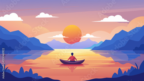 A small boat floating in the middle of a lake with one person peacefully meditating on board taking in the beauty of the sunrise.. Vector illustration