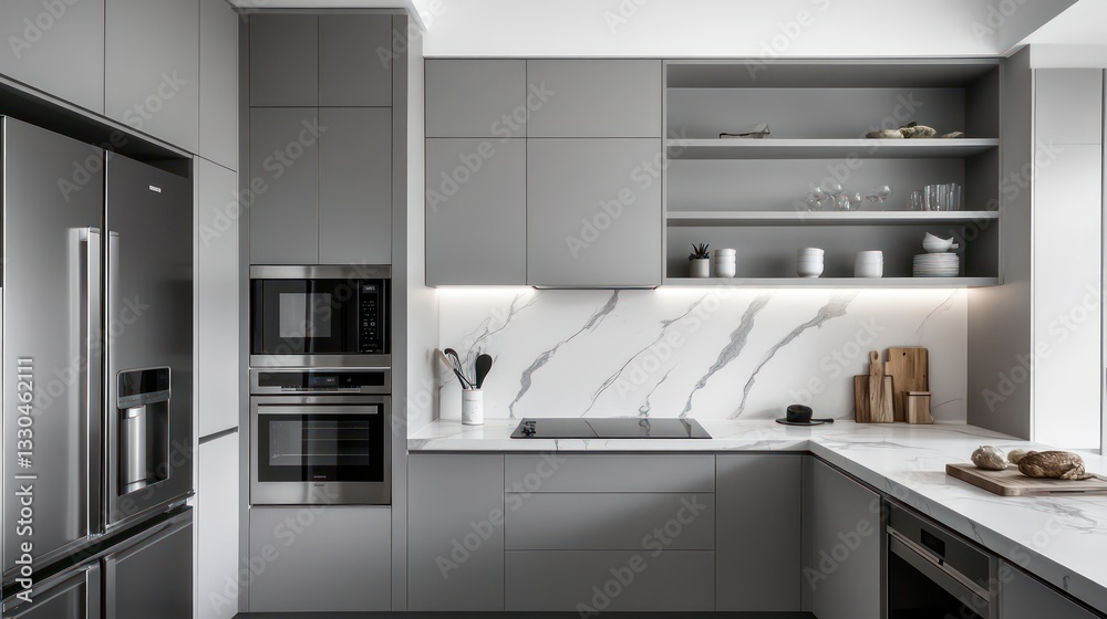 A sleek kitchen with cool gray cabinets, stainless steel appliances, and a marble countertop with white and gray veining A sleek kitchen with cool gray cabinets, stainless steel appliances, and a marble countertop with white and gray veining