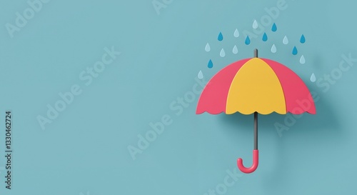 Colorful umbrella with raindrops against a blue background conveying a cheerful spring mood, representing preparation for rain