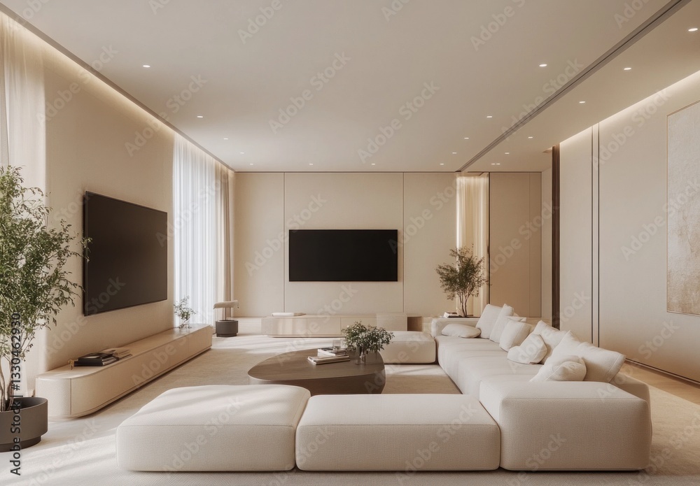 Fototapeta premium Modern minimalist living room with beige sofa, large TV, and plants.