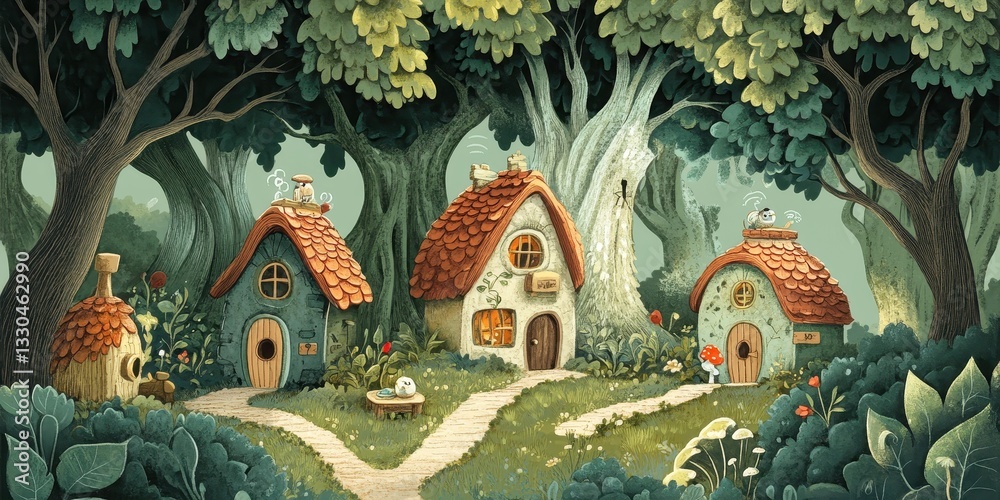Obraz premium Whimsical village of colorful mushroom houses nestled deep within the forest