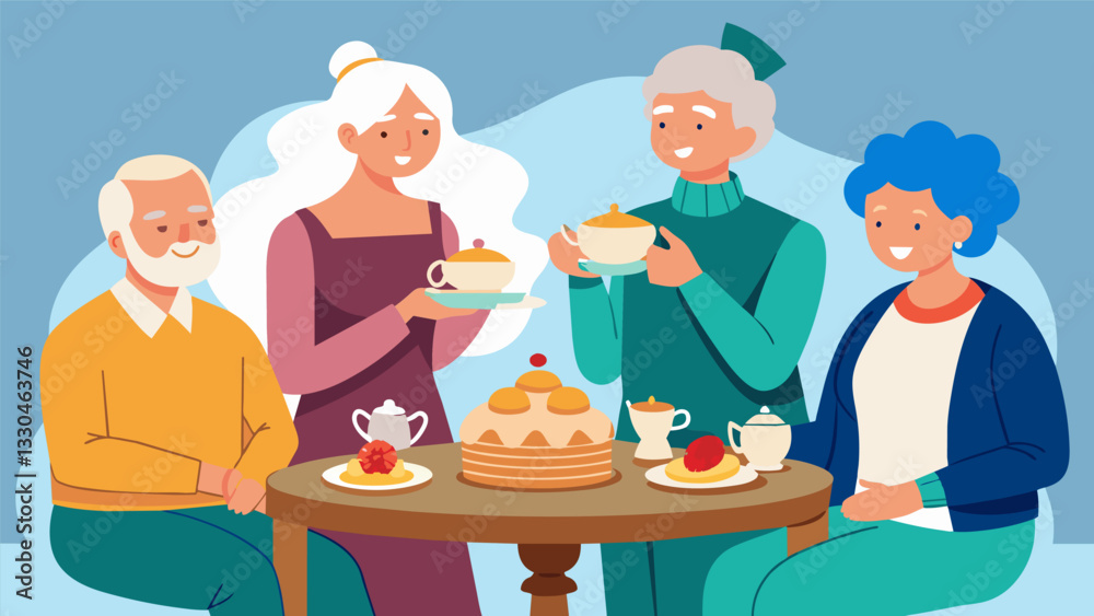 A group of seniors sitting outside enjoying a cup of tea and freshly baked scones as they admire their handiwork on a completed antique vanity.. Vector illustration A group of seniors sitting outside enjoying a cup of tea and freshly baked scones as they admire their handiwork on a completed antique vanity.. Vector illustration