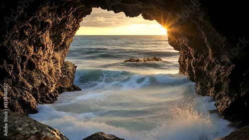 Sunlight streaming through a rocky cave onto a serene ocean at sunset near the coastline