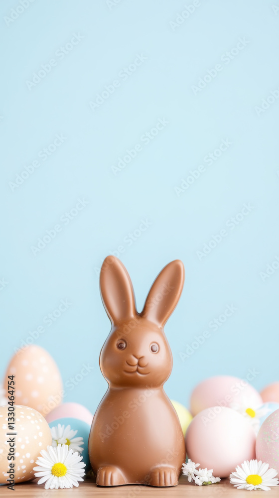 Obraz premium Chocolate easter bunny with colorful eggs and daisies on light blue background