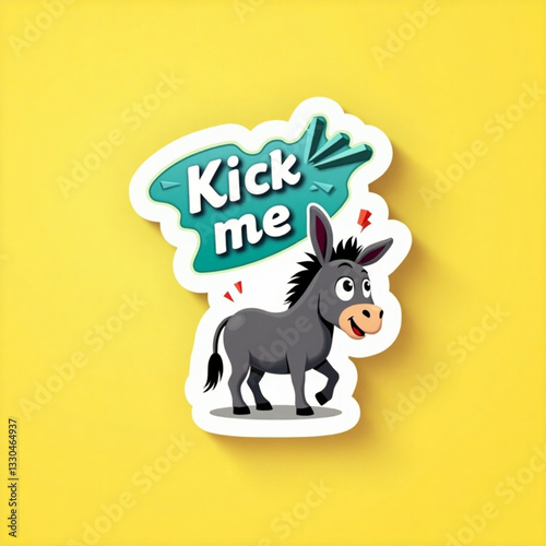 Kick me, april fools day sticker icon, flat style. Kick me, april fools day sticker icon in flat style on a yellow background .Vector illustration.