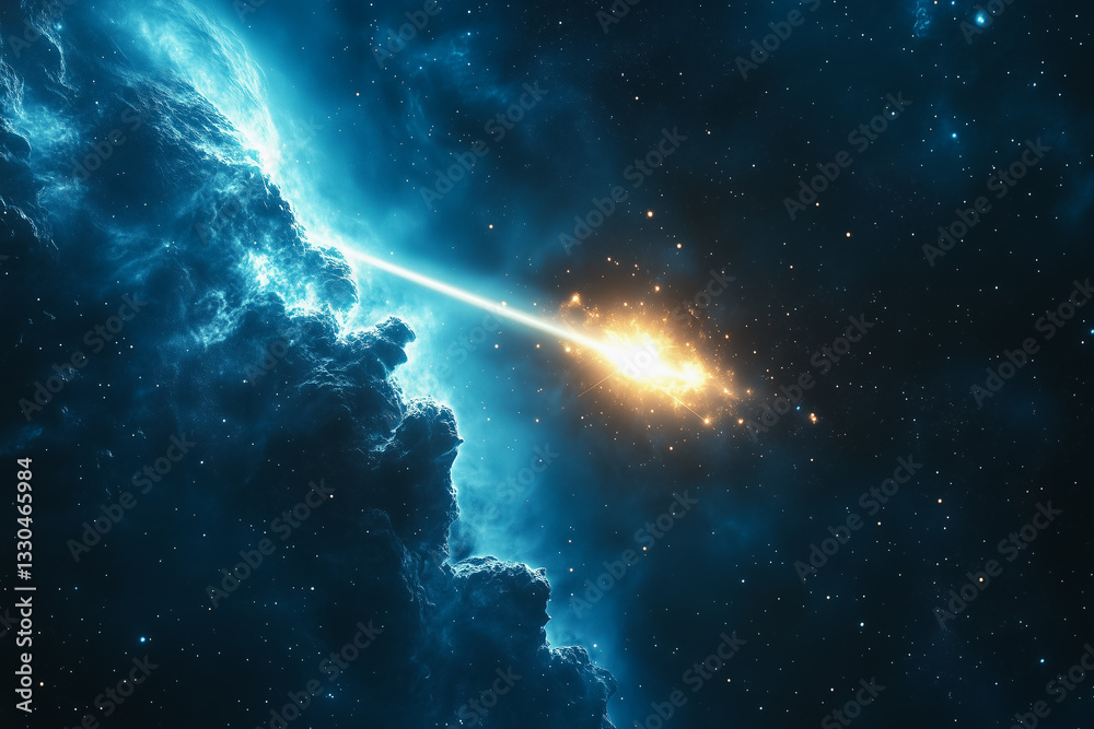 Fototapeta premium Cosmic Nebula with Bright Yellow Streak and Blue Gas Clouds in Space Background