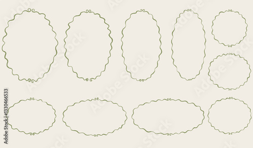 Hand drawn oval frames set. Chalk scribble wavy borders collection. Pencil texture doodle curly frame. Different sizes: wedding invitation, greeting card, postcard design. Vintage vector illustration