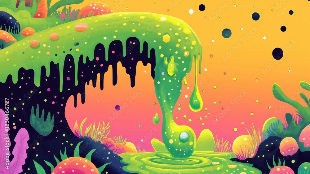 Fototapeta premium Colorful abstract landscape featuring dripping green slime and unique foliage