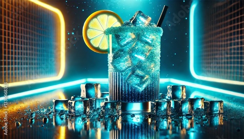 Icy Blue Lagoon Cocktail in a Highball Glass with Crushed Ice, Lemon Garnish, and Neon Reflections in a Futuristic Lounge: High-Resolution Nightlife Beverage Photography