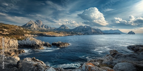 Scenic coastal landscape with rocky cliffs and mountains