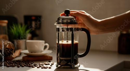 Hand pressing french press coffee at sunlit kitchen counter photo