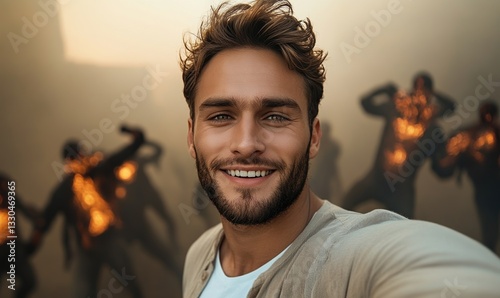 Smiling businessman takes selfie amidst fiery demonic figures in surreal infernal setting