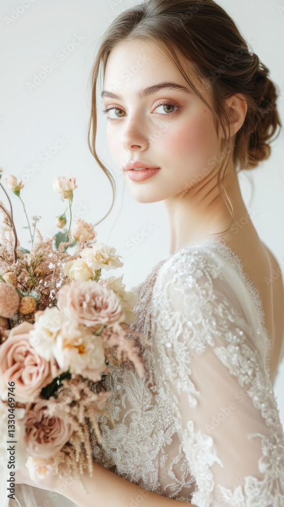 Naklejka premium Elegant bridal portrait with luxurious wedding dress and floral bouquet