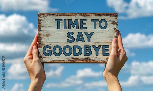 Hands holding a farewell board against a clear blue sky with fluffy clouds signaling a moment of departure and emotion