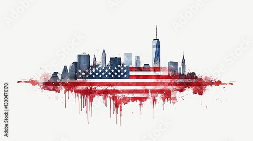 Watercolor skyline painting with American flag overlay symbolizing remembrance on Patriot Day