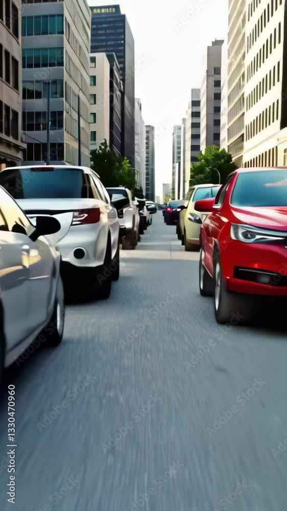 Traffic moving through urban street with tall buildings and skyscrapers in city downtown. Cars driving on road between modern high-rise structures in business district. Traffic moving through urban street with tall buildings and skyscrapers in city downtown. Cars driving on road between modern high-rise structures in business district.