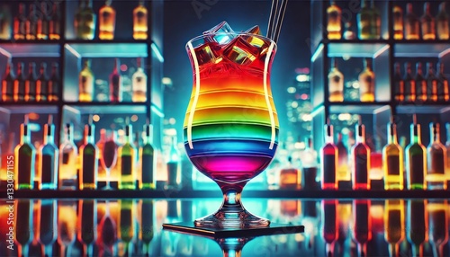 Colorful Rainbow Layered Cocktail in a Hurricane Glass with Distinct Red, Orange, Yellow, Green, Blue, and Violet Layers on a Glass Bar Counter with City Light Reflections