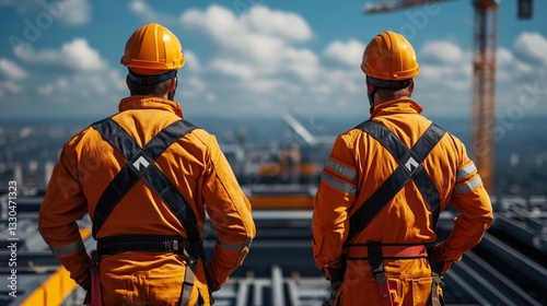 Construction workers prioritize safety and teamwork at a high-rise building site under a bright sky
