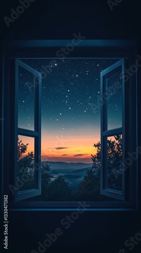 A beautiful starry night view seen through an open window