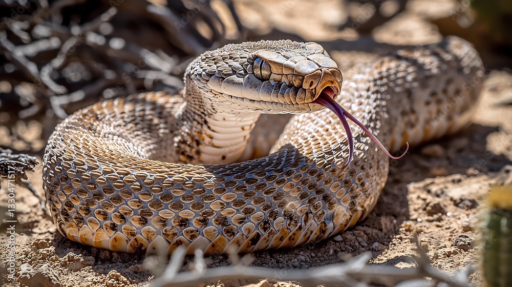 Naklejka premium Detailed close up of a coiled rattlesnake its scales reflecting sunlight as it flicks its tongue set against a dry desert landscape with cracked earth and scattered cacti