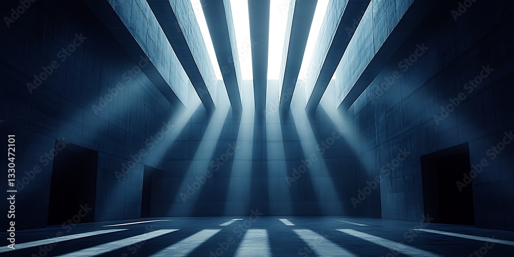 Fototapeta premium Abstract architectural space with light shafts illuminating dark structures
