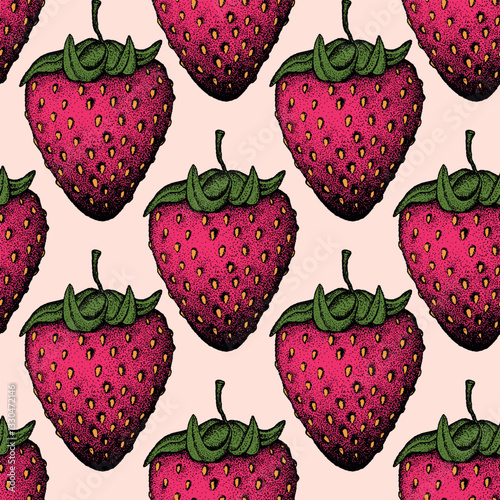 Seamless pattern with strawberry on color background. Natural delicious fresh ripe tasty fruit. Vector illustration for print, fabric, textile, banner, other design. Food concept.