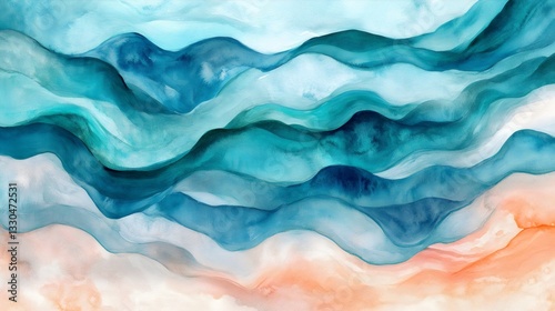 Fluid watercolor waves in teal and coral, dreamy blend